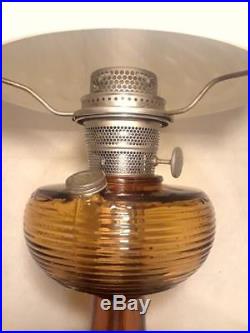 Antique Aladdin Amber Bee Hive Lamp w Very Rare & Unique Satin Swirl Shade LOOK