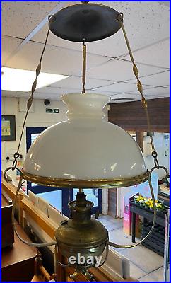 Antique Aladdin Brass Hanging Oil Lamp With Milk Glass Shade (A/F)