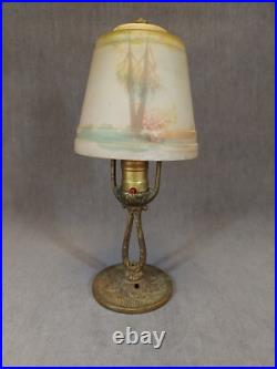 Antique Aladdin Cast Iron Lamp Base #163, Reverse Hand-painted Glass Shade