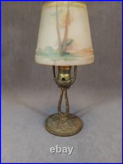 Antique Aladdin Cast Iron Lamp Base #163, Reverse Hand-painted Glass Shade