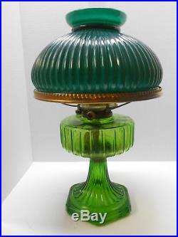 Antique Aladdin Corinthian Green Oil Lamp with Emerald Green Cased Aladdin Shade