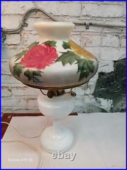 Antique Aladdin Electrified Oil Lamp Model B White base and Floral shade