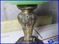Antique Aladdin Jade Jadeite Green Moonstone Oil Lamp with Chimney Metal Base