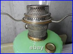 Antique Aladdin Jade Jadeite Green Moonstone Oil Lamp with Chimney Metal Base