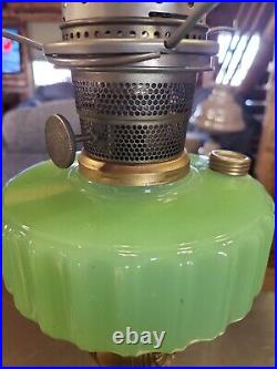 Antique Aladdin Jade Jadeite Green Moonstone Oil Lamp with Chimney Metal Base vtg