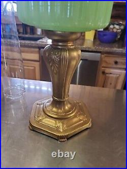Antique Aladdin Jade Jadeite Green Moonstone Oil Lamp with Chimney Metal Base vtg