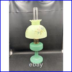 Antique Aladdin Jadeite Green Milk Glass Quilted Oil Lamp Hand Painted Shade