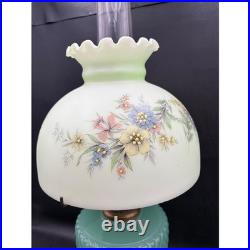 Antique Aladdin Jadeite Green Milk Glass Quilted Oil Lamp Hand Painted Shade