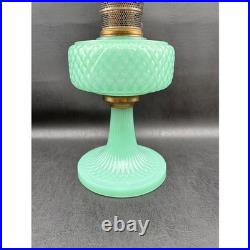 Antique Aladdin Jadeite Green Milk Glass Quilted Oil Lamp Hand Painted Shade