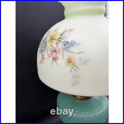 Antique Aladdin Jadeite Green Milk Glass Quilted Oil Lamp Hand Painted Shade