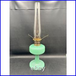 Antique Aladdin Jadeite Green Milk Glass Quilted Oil Lamp Hand Painted Shade