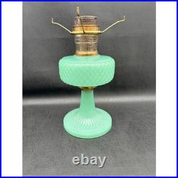 Antique Aladdin Jadeite Green Milk Glass Quilted Oil Lamp Hand Painted Shade