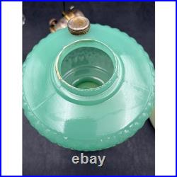 Antique Aladdin Jadeite Green Milk Glass Quilted Oil Lamp Hand Painted Shade