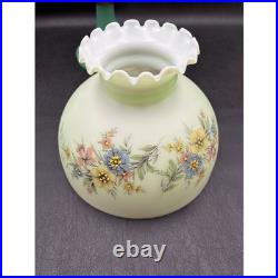Antique Aladdin Jadeite Green Milk Glass Quilted Oil Lamp Hand Painted Shade