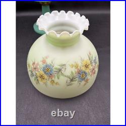 Antique Aladdin Jadeite Green Milk Glass Quilted Oil Lamp Hand Painted Shade
