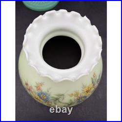 Antique Aladdin Jadeite Green Milk Glass Quilted Oil Lamp Hand Painted Shade