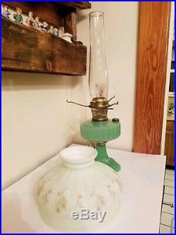 Antique Aladdin Jadeite Green Moonstone Corinthian Kerosene Oil Lamp with HP Shade