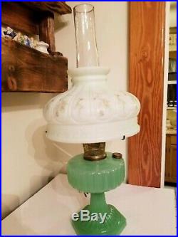 Antique Aladdin Jadeite Green Moonstone Corinthian Kerosene Oil Lamp with HP Shade