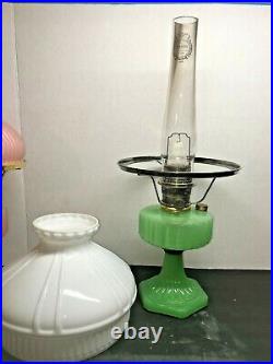 Antique Aladdin Jadeite Green Moonstone Corinthian Kerosene Oil Lamp with Shade