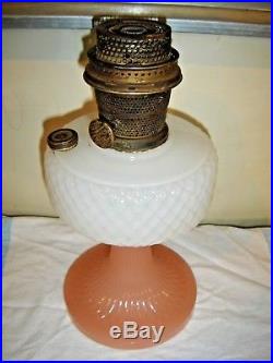 Antique Aladdin Lamp quilted Diamond Moonstone Pink Base White Font 9609