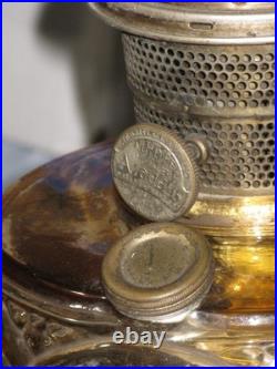 Antique Aladdin MODEL B Amber Glass Washington Drape Pattern Oil Lamp w Chimney