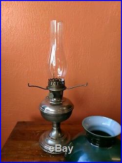 Antique Aladdin Model 11 Mantle Lamp Co with Glass Chimney & Green Glass Shade