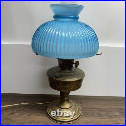 Antique Aladdin Model 11 Oil Lamp Converted to Electric with Blue Ribbed Glass