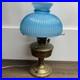 Antique Aladdin Model 11 Oil Lamp Converted to Electric with Blue Ribbed Glass