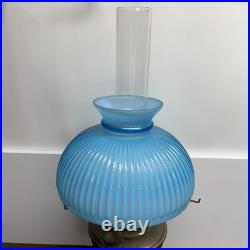 Antique Aladdin Model 11 Oil Lamp Converted to Electric with Blue Ribbed Glass