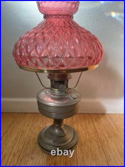 Antique Aladdin Model #12 Brass l Oil Lamp With Pink Quilted Diamond Shade