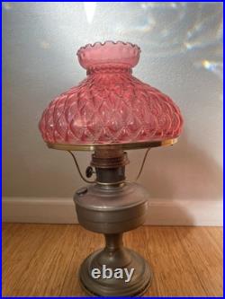 Antique Aladdin Model #12 Brass l Oil Lamp With Pink Quilted Diamond Shade