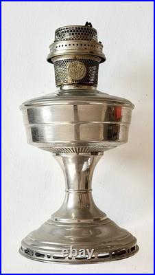 Antique Aladdin Model 12 Nickel Pedestal Oil Lamp Burner & Glass Chimney-Read