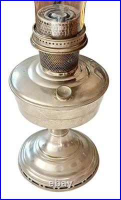 Antique Aladdin Model 12 Nickel Pedestal Oil Lamp Burner & Glass Chimney-Read