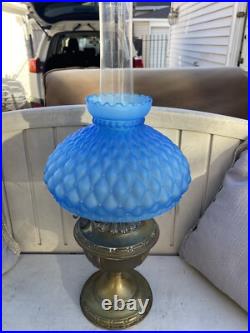 Antique Aladdin Model #7 Table Lamp With Original Blue Shade. Kerosene Oil Lamp