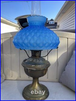 Antique Aladdin Model #7 Table Lamp With Original Blue Shade. Kerosene Oil Lamp
