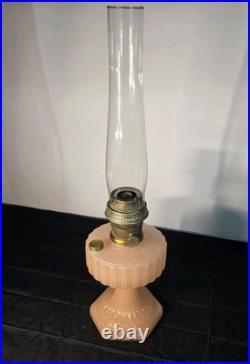 Antique Aladdin Model B Corinthian kerosene lamp in rose moonstone glass