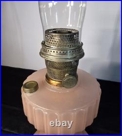 Antique Aladdin Model B Corinthian kerosene lamp in rose moonstone glass