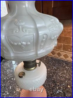 Antique Aladdin Model B Rose & White Moonstone Quilt Lamp With Shade Complete