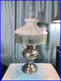 Antique Aladdin Nickel Silver Model No 9 Oil Lamp w Glass Shade Chimney