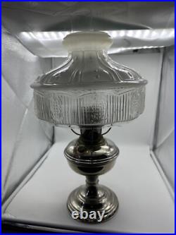 Antique Aladdin Nickel Silver Model No 9 Oil Lamp w Glass Shade Chimney