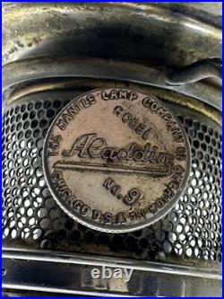 Antique Aladdin Nickel Silver Model No 9 Oil Lamp w Glass Shade Chimney