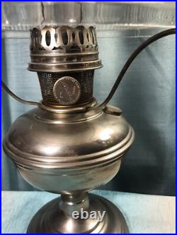 Antique Aladdin Nickel Silver Model No 9 Oil Lamp w Glass Shade Chimney