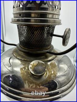 Antique Aladdin Nickel Silver Model No 9 Oil Lamp w Glass Shade Chimney
