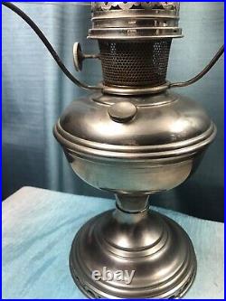 Antique Aladdin Nickel Silver Model No 9 Oil Lamp w Glass Shade Chimney