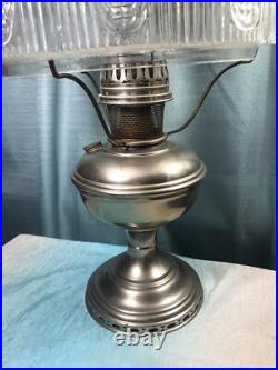 Antique Aladdin Nickel Silver Model No 9 Oil Lamp w Glass Shade Chimney