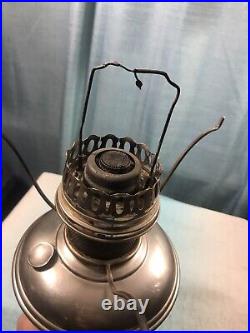 Antique Aladdin Nickel Silver Model No 9 Oil Lamp w Glass Shade Chimney