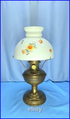 Antique Aladdin No 9 Brass Oil Lamp Hurricane White Milk Glass Flower Shade 23.5