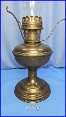 Antique Aladdin No 9 Brass Oil Lamp Hurricane White Milk Glass Flower Shade 23.5