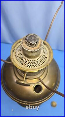 Antique Aladdin No 9 Brass Oil Lamp Hurricane White Milk Glass Flower Shade 23.5