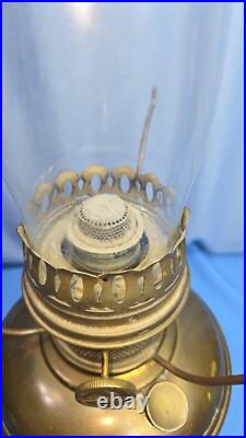 Antique Aladdin No 9 Brass Oil Lamp Hurricane White Milk Glass Flower Shade 23.5